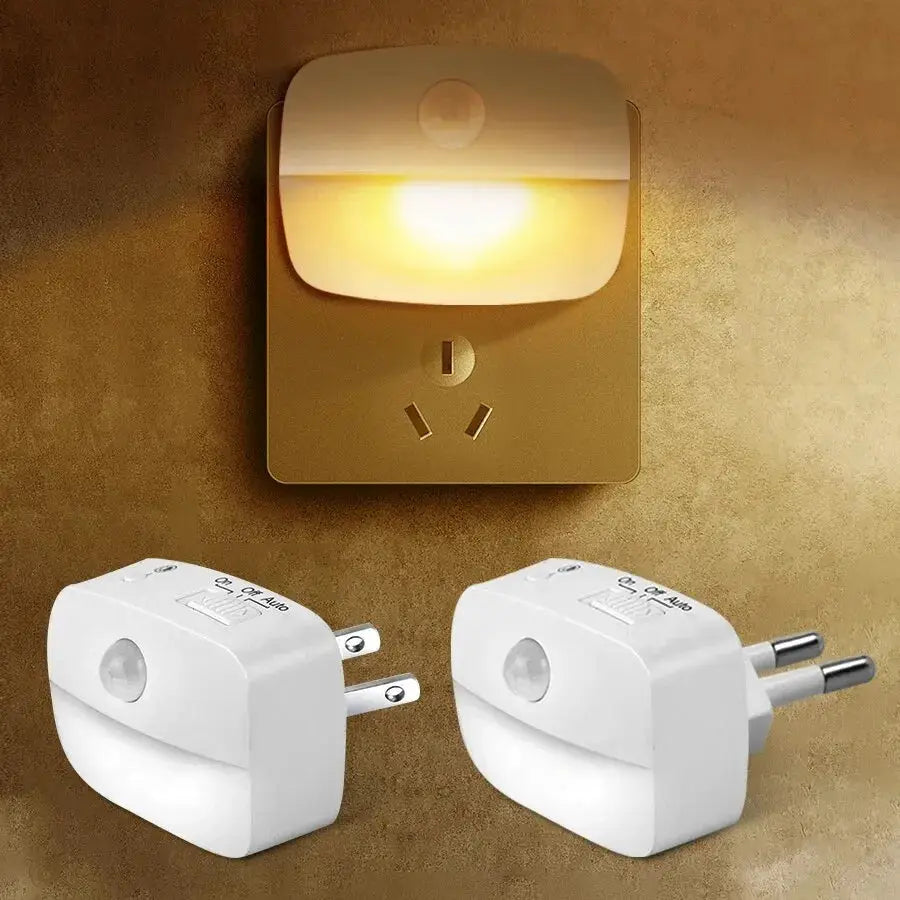 LED Night Light With Motion Sensor Dual Plug Socket EU US Wireless Wall Bedside Bedroom Lamp For Children