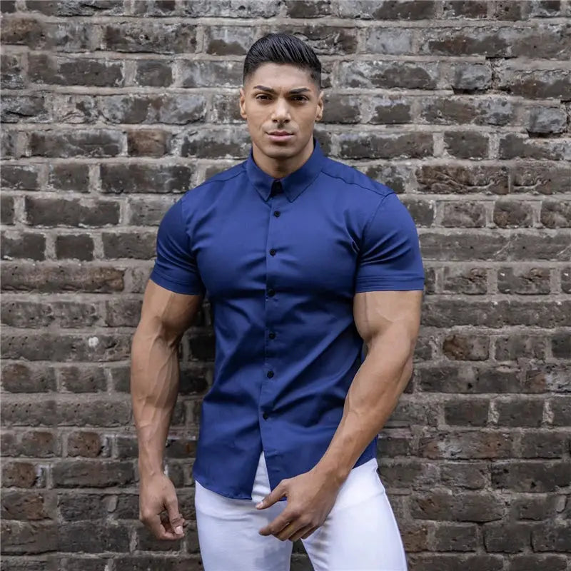Men's navy blue summer fashion slim-fit short-sleeve dress shirt worn by model, classic casual formal style