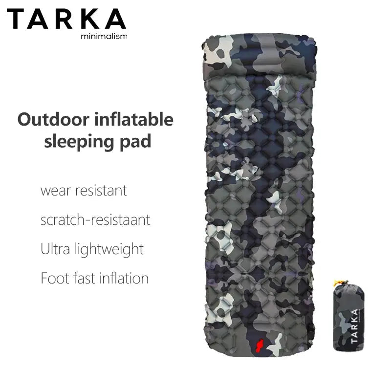 TARKA camo inflatable camping sleeping pad; ultralight, foldable, self-inflating air mattress with roll-up bag