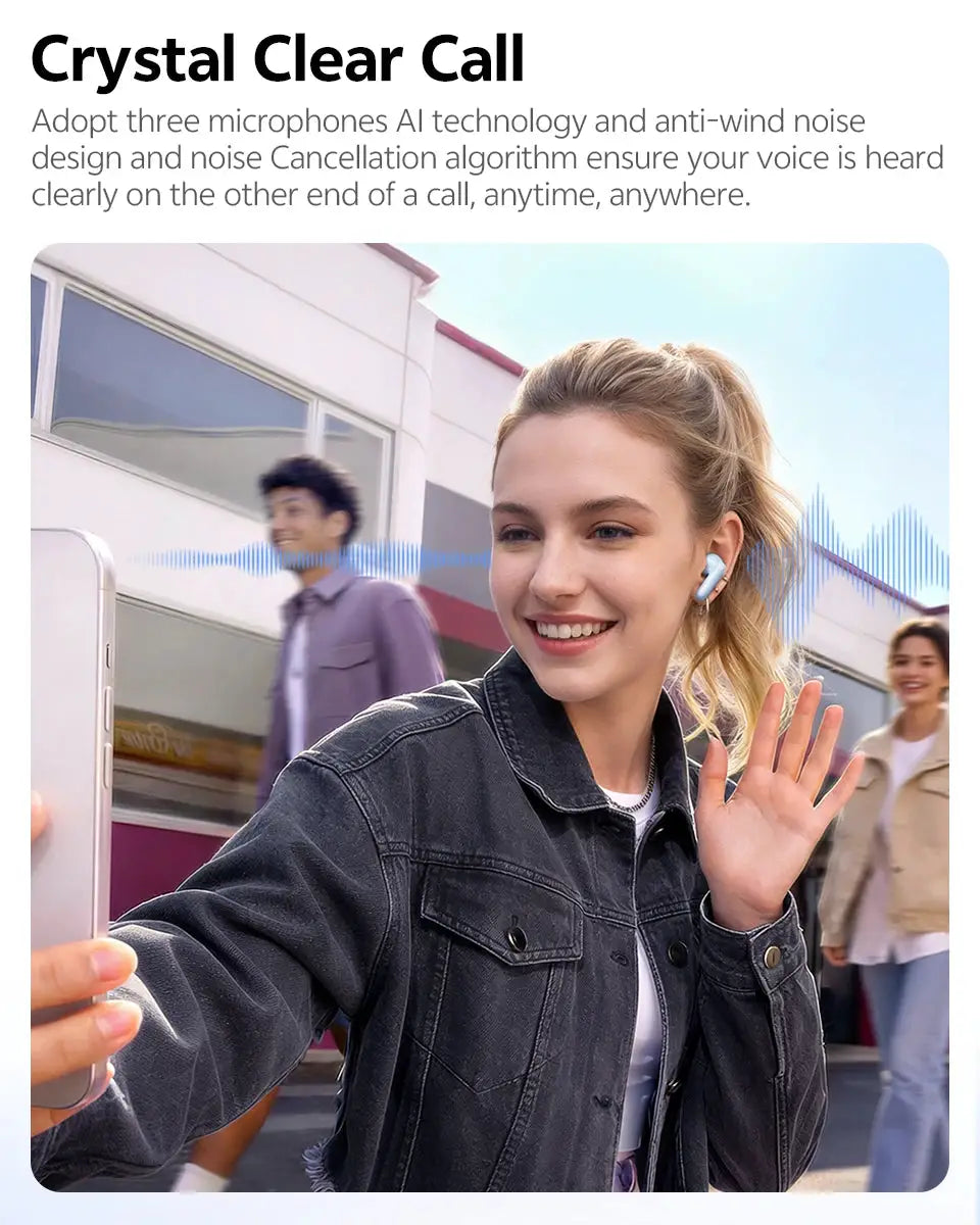 QCY T13 Pro HT23 wireless earbuds by Simples Market with adaptive ANC; blue earbuds worn by a smiling woman outdoors.