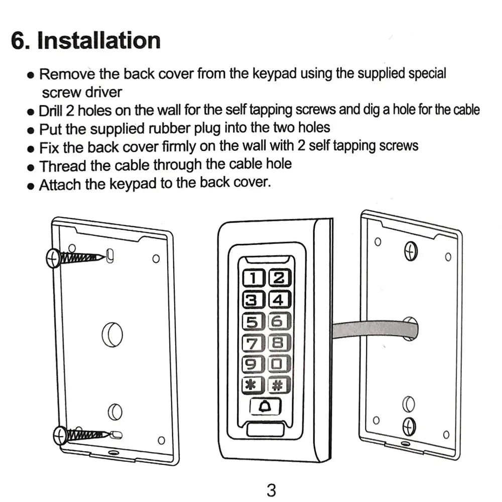 LED backlit metal keypad reader installation diagram showing front numeric keypad and two back plates with screws