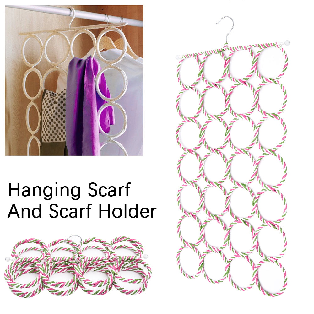 Simples Market 28-hole scarf hanger and organizer with white rattan weave circles for wardrobe storage
