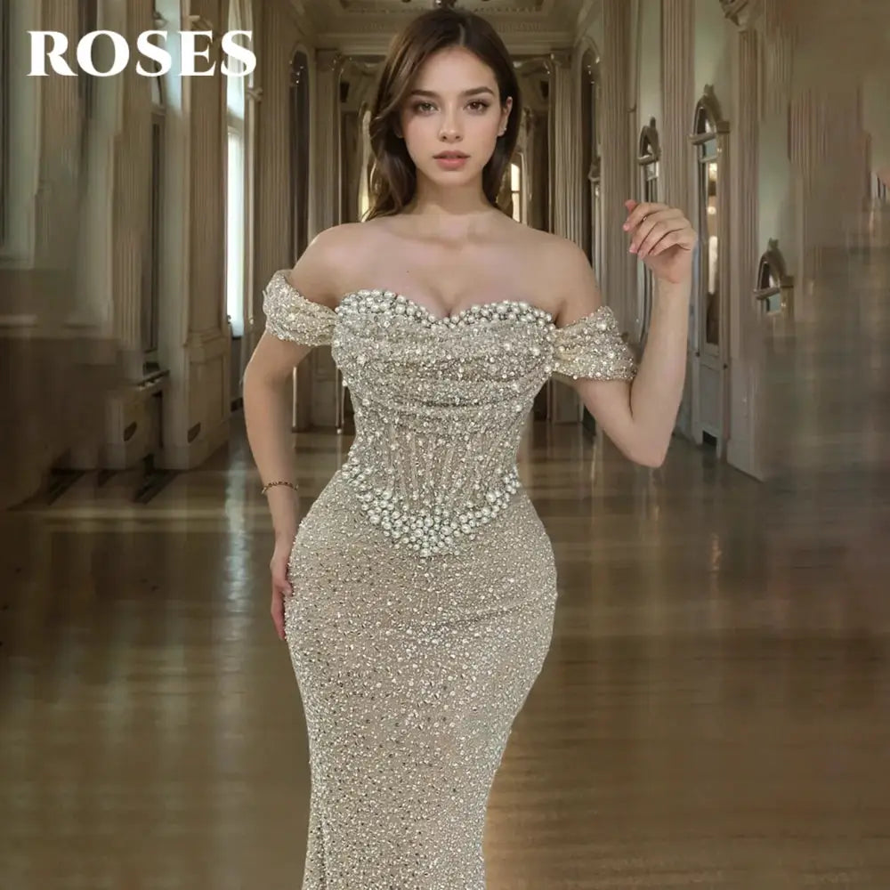 Roses Pearl Prom Dress Sweetheart Off Shoulder Gown With Sequins