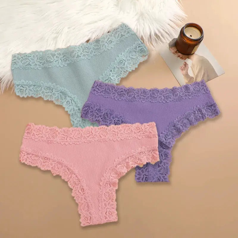 3-piece set: women's cotton lace panties in mint green, lavender, and pink with floral lace trim by Simples Market