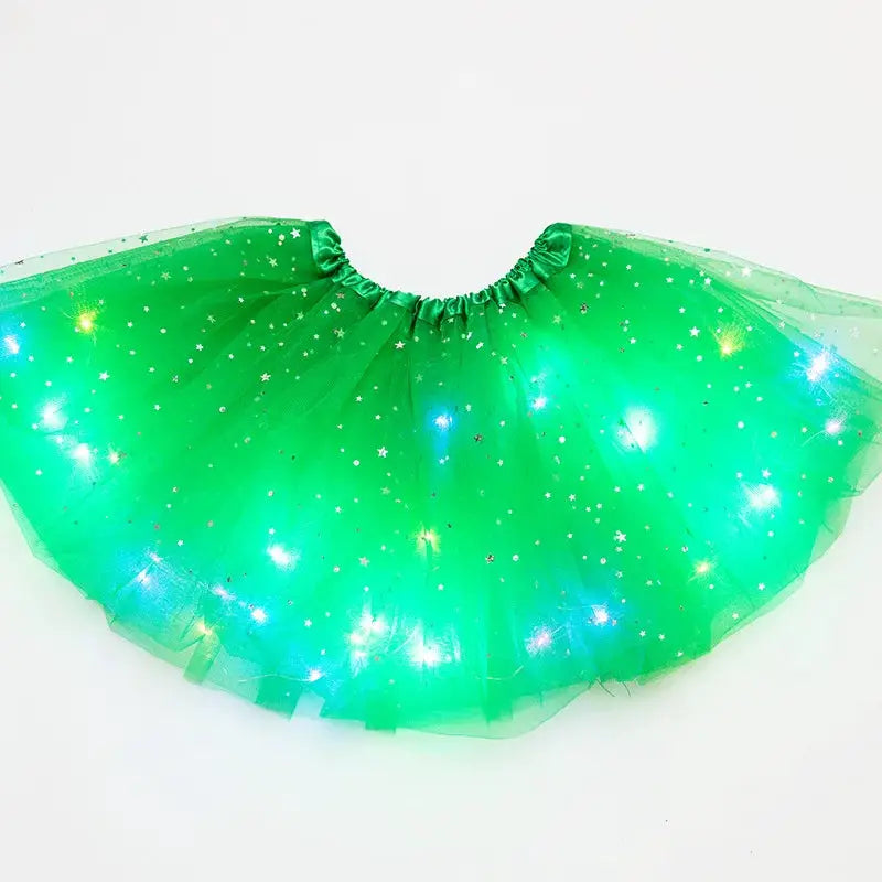 LED glowing green tulle star skirt by Simples Market, short tutu for party dancewear