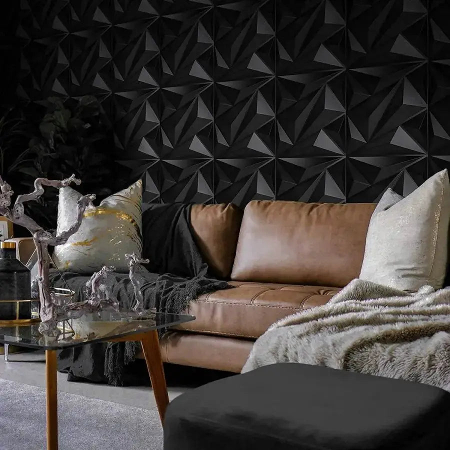 Simples Market 3D textured wall panels in black with geometric pattern, 12/20pcs, 30cm x 30cm each for indoor living room decor