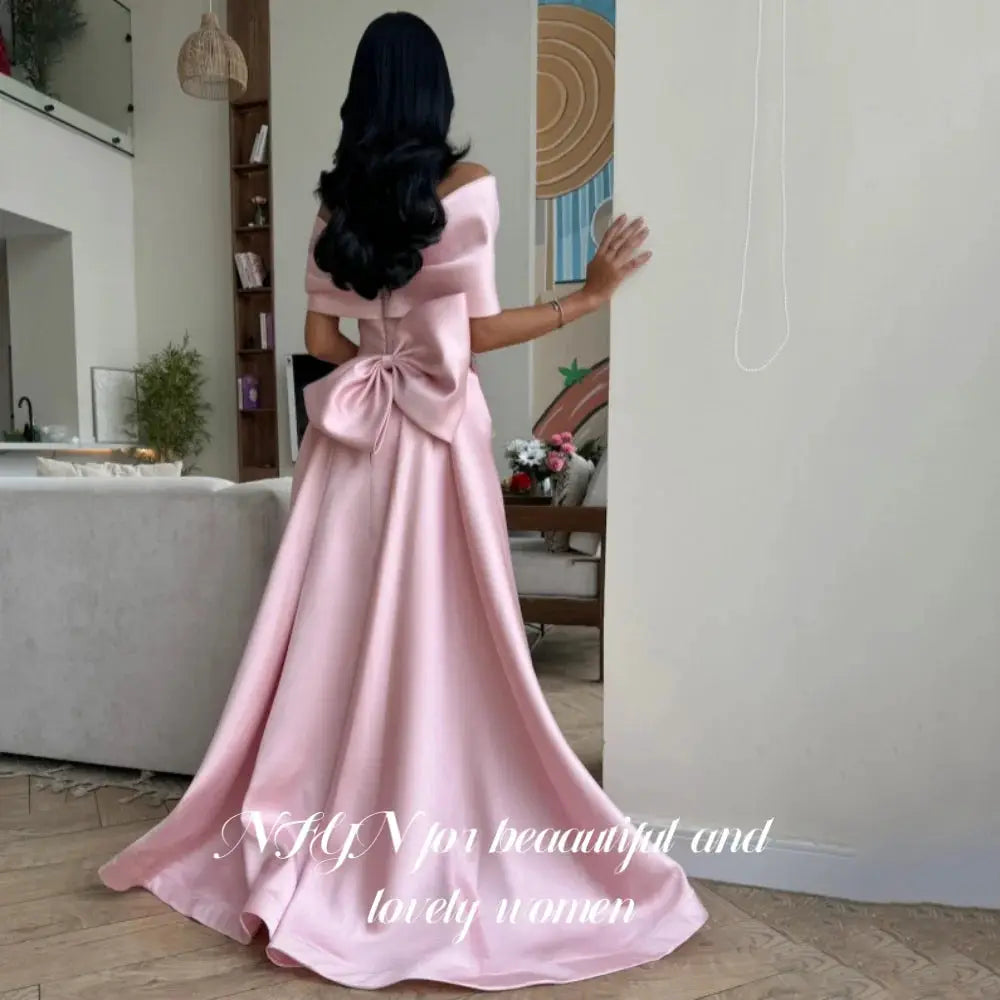 Pink Elegant Prom Dress Off Shoulder Satin Mermaid Dress Pleats