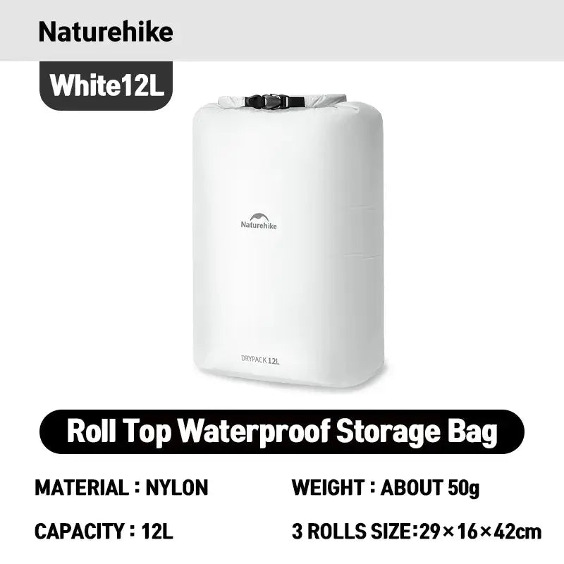 Naturehike roll-top waterproof storage bag, white nylon, 12L capacity