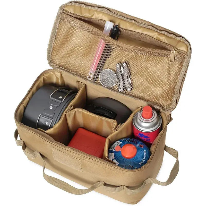 Large-capacity camping storage bag by Simples Market, tan with mesh pocket, holding cookware and stove gear.