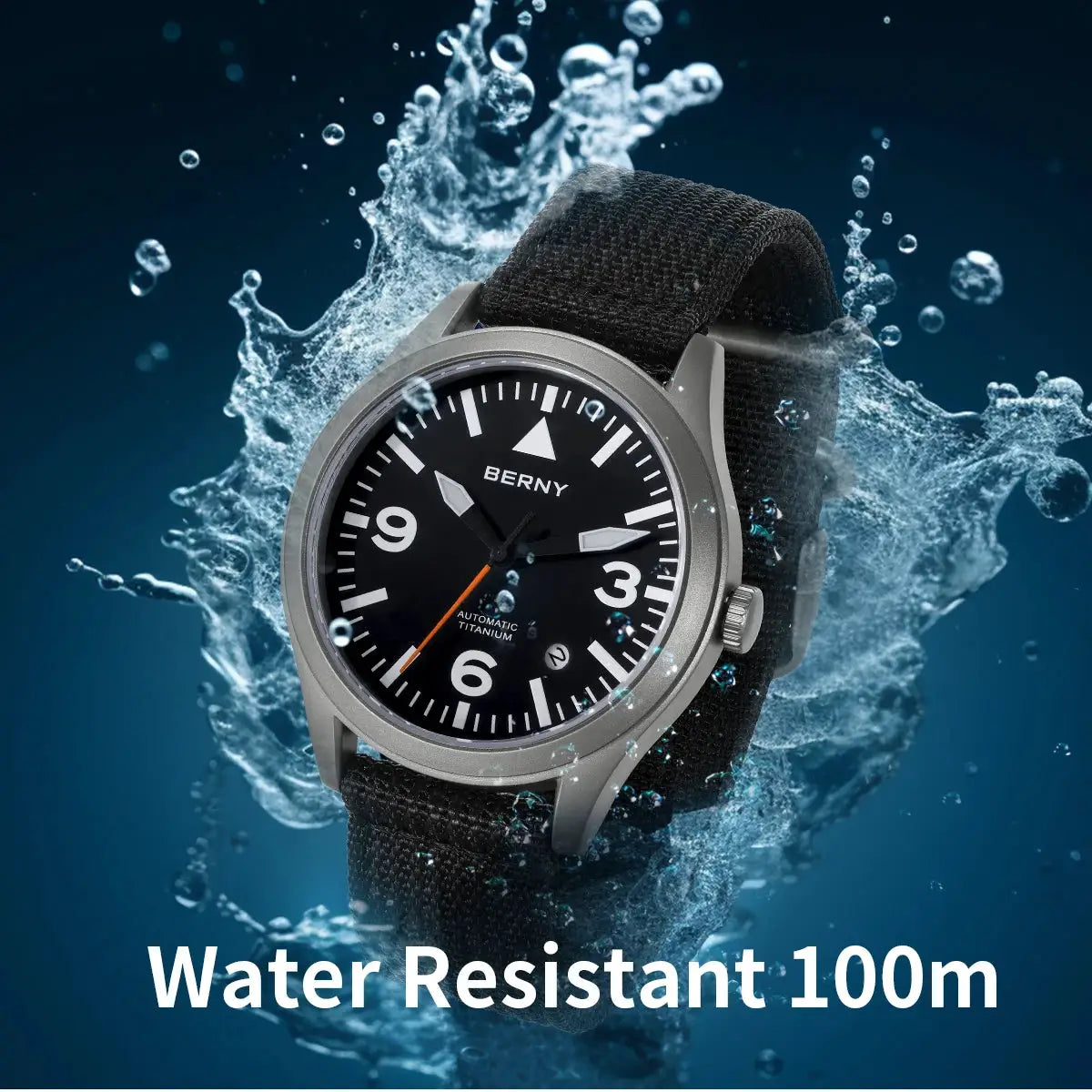 BERNY titanium automatic watch for men with black dial, sapphire AR coating, fabric strap; water resistant 100m.