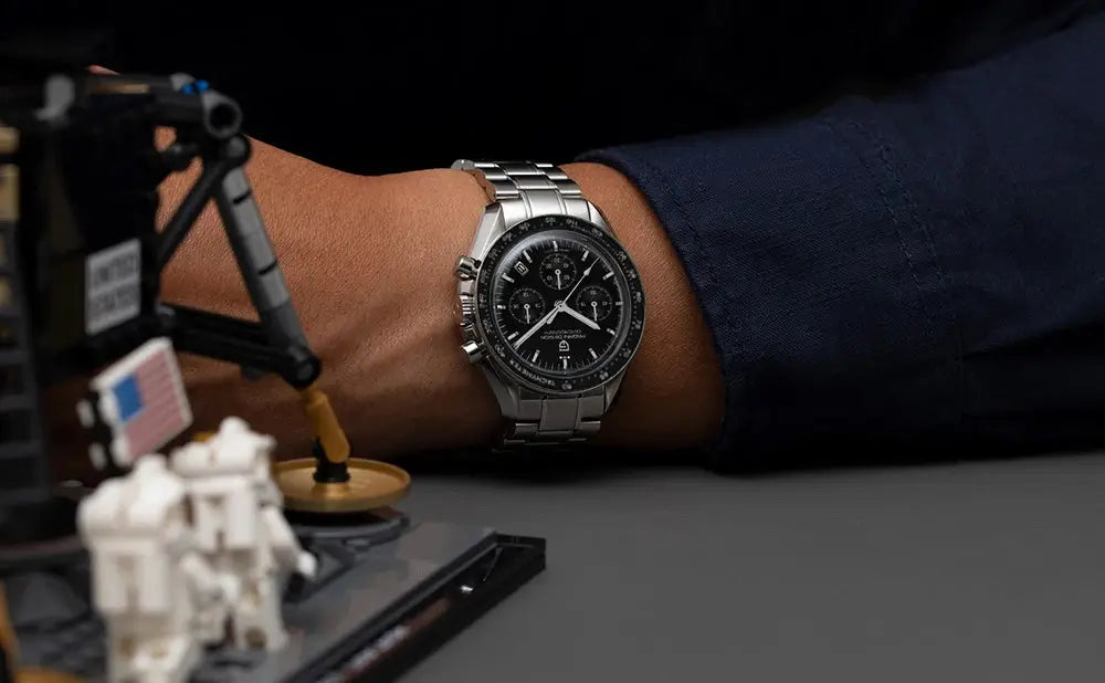 Pagani Design Moon men's quartz chronograph watch on stainless steel bracelet with black dial