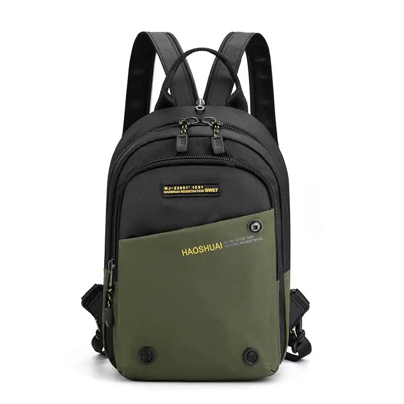 Backpack, men's small nylon daypack with olive green front pocket and HAOSHUAL logo