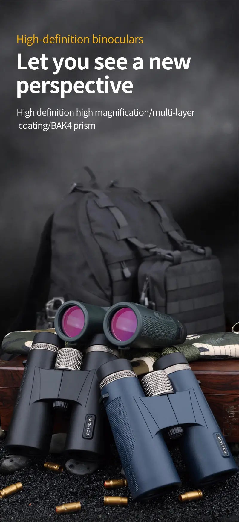 Two Simples Market 12x42 HD professional binoculars with ED lens and BAK4 prism; black and blue metal bodies