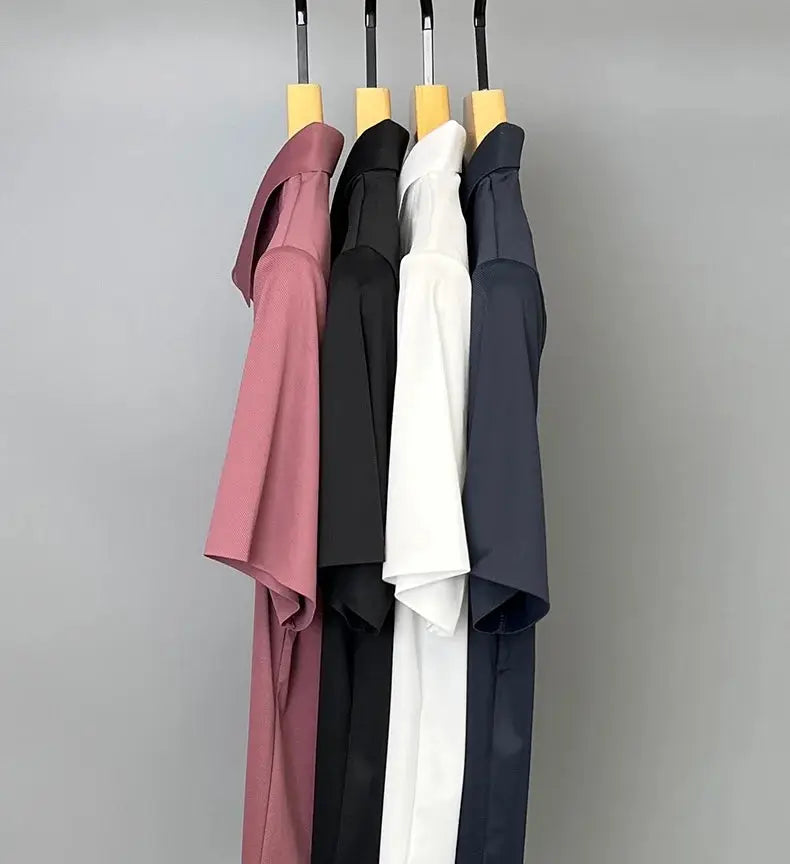 Simples Market men's ice silk short-sleeve polo shirts, 4 colors: pink, black, white, navy, on hangers