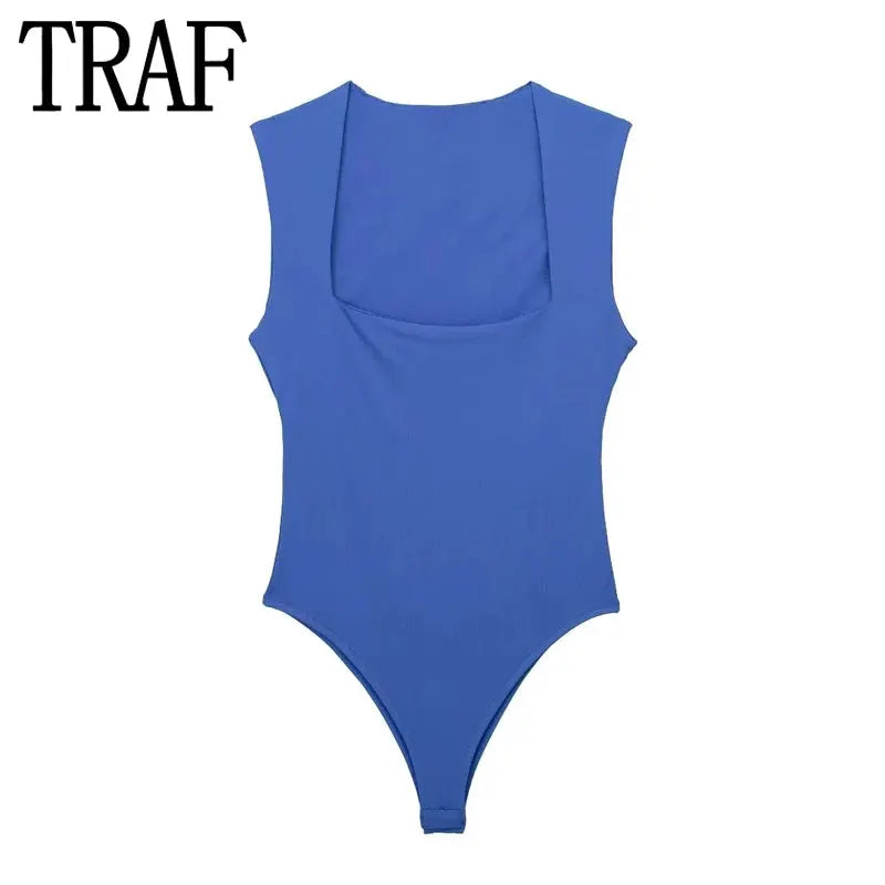 Mujer Black Square Neck Sleeveless Bodysuit Slim Fit Bodycon Lingerie Top For Summer