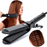 Professional black ceramic corrugated wave hair curling wand with clip
