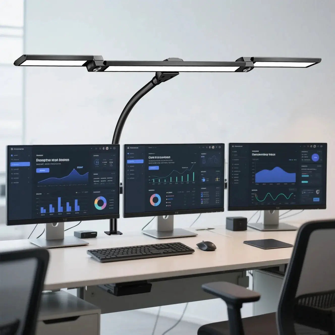 Simples Market eye-care LED clip-on desk lamp, black metal with curved gooseneck and long LED bar