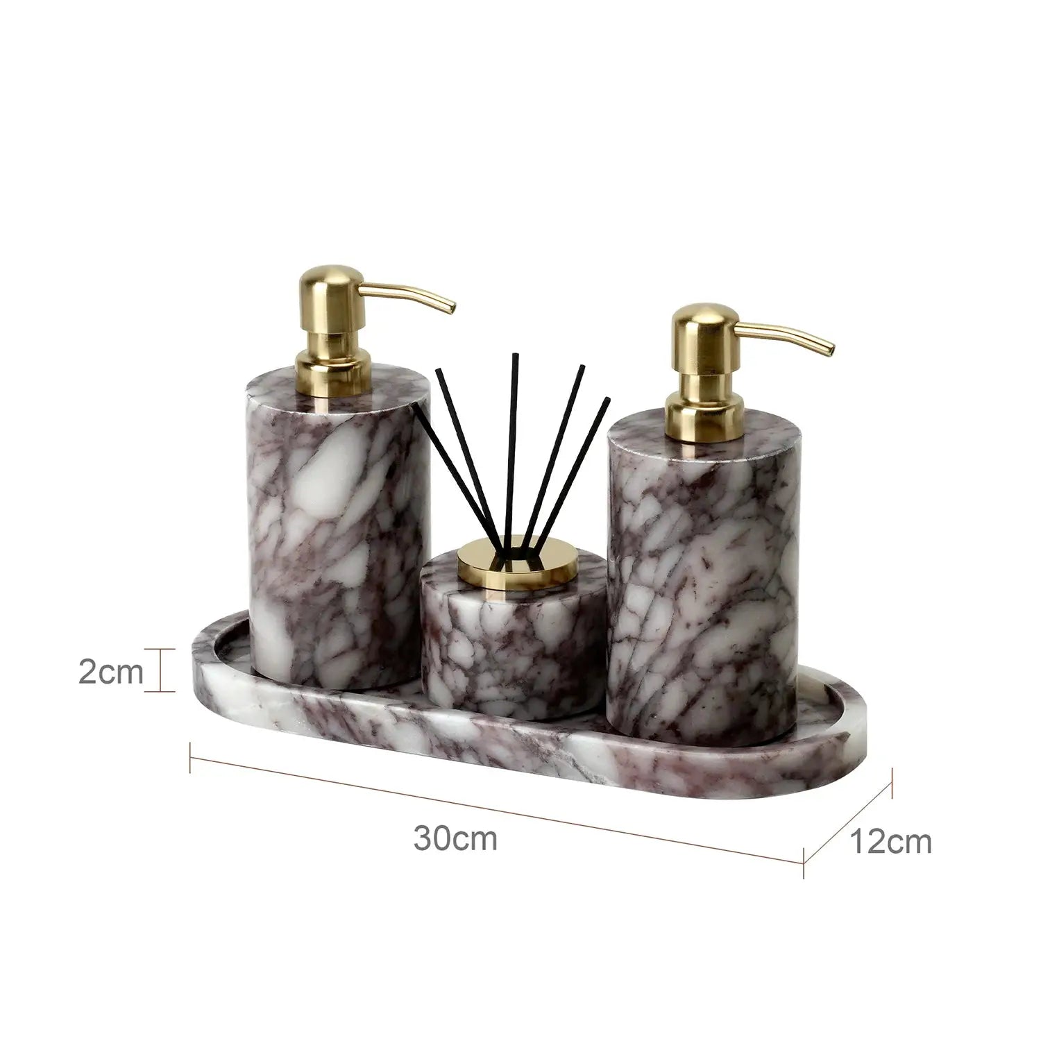 Calacatta Viola 3-piece marble bathroom accessories set with gold pump dispensers and jar on tray by Simples Market