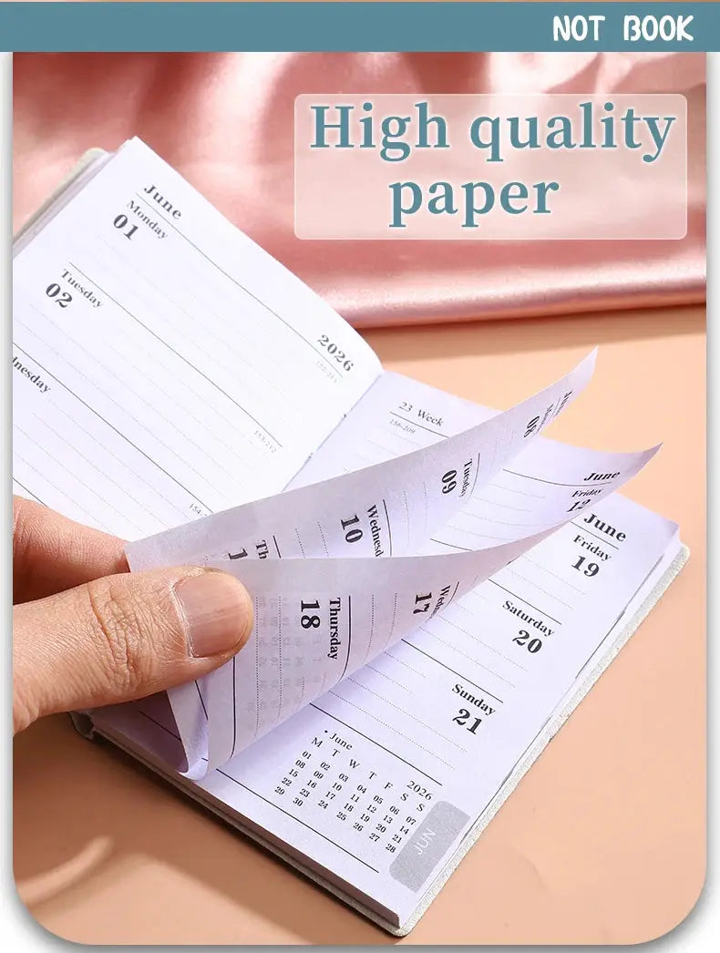 A7 daily planner notebook with Morandi PU cover, Simples Market, 128 pages, weekly calendar.
