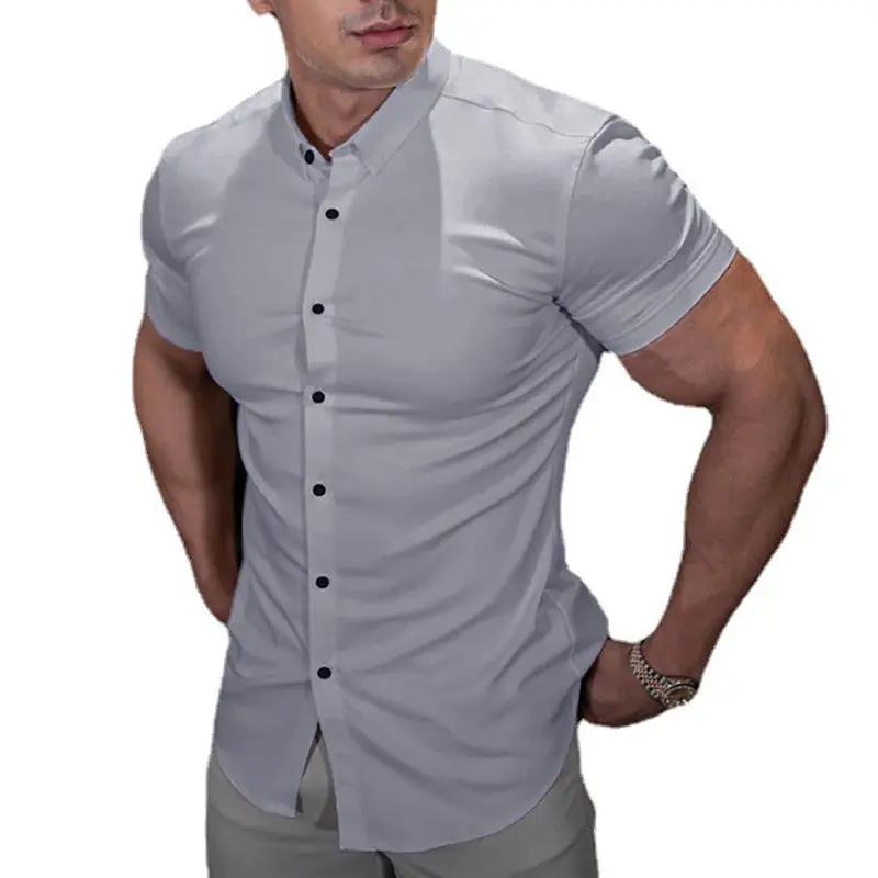 Men's slim-fit short-sleeve dress shirt in light gray with a button-down front.