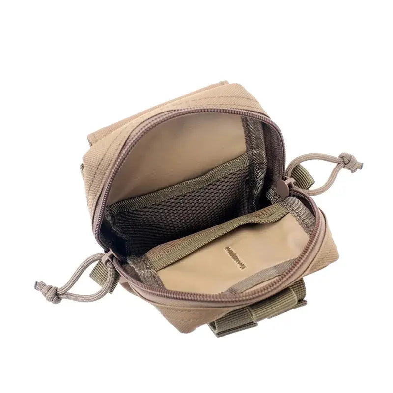 Tan tactical waist bag with drawstring closures and interior mesh pocket.