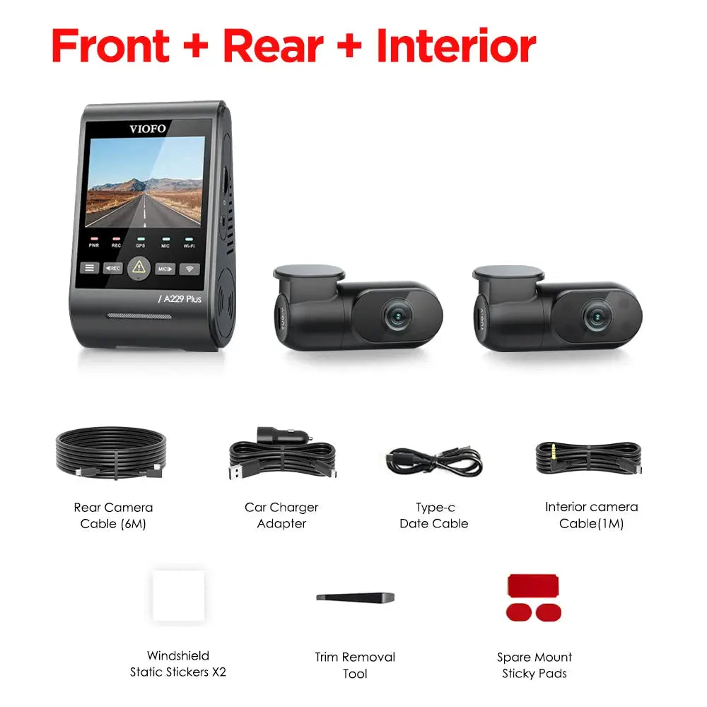 VIOFO A229 Plus dash camera kit with front and rear cameras and accessories (cables, mounts)