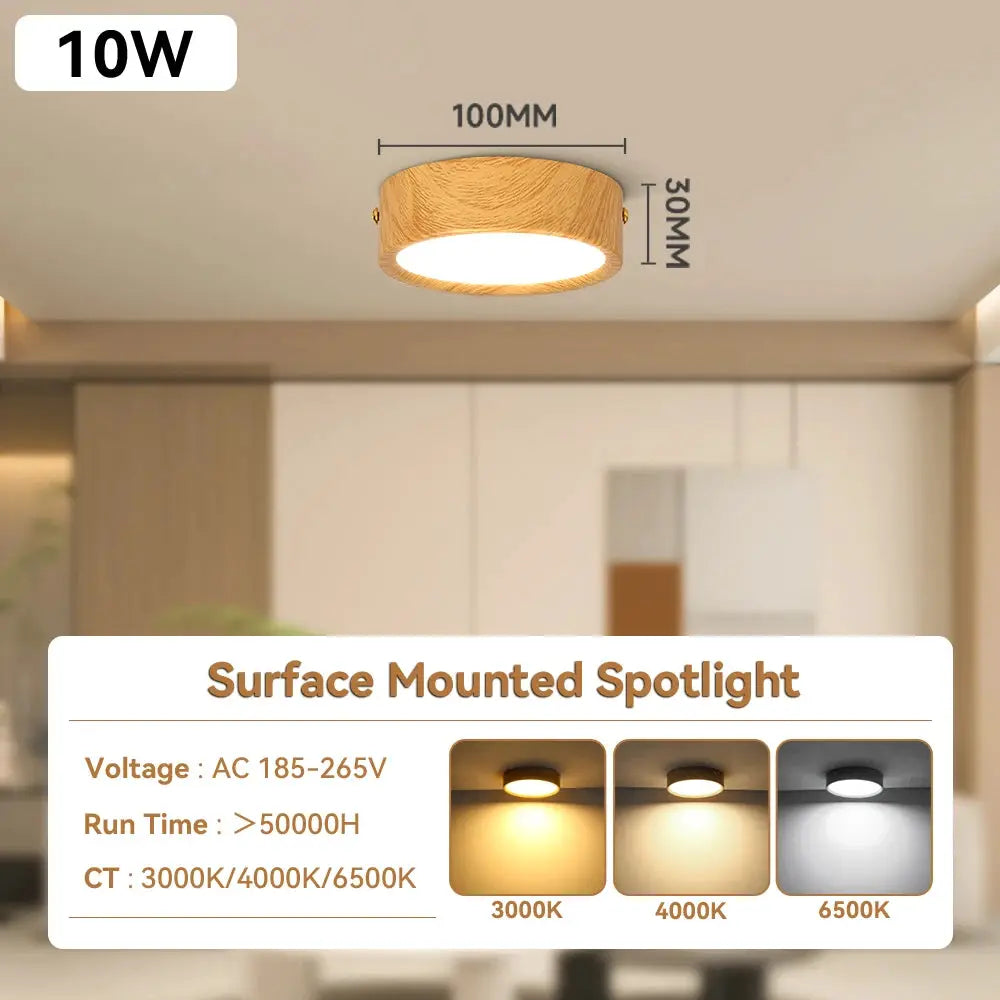 GX53 wooden round ceiling lamp, 10W LED downlight, 100mm diameter; available in 3000K/4000K/6500K