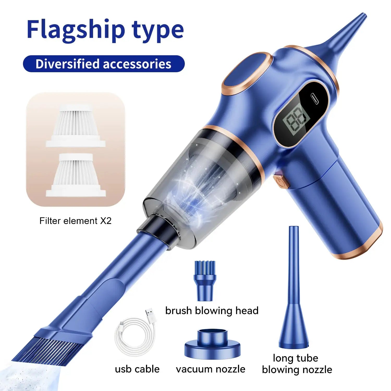 ABS wireless car vacuum cleaner from Simples Market, blue, with 2 filter elements and assorted nozzles