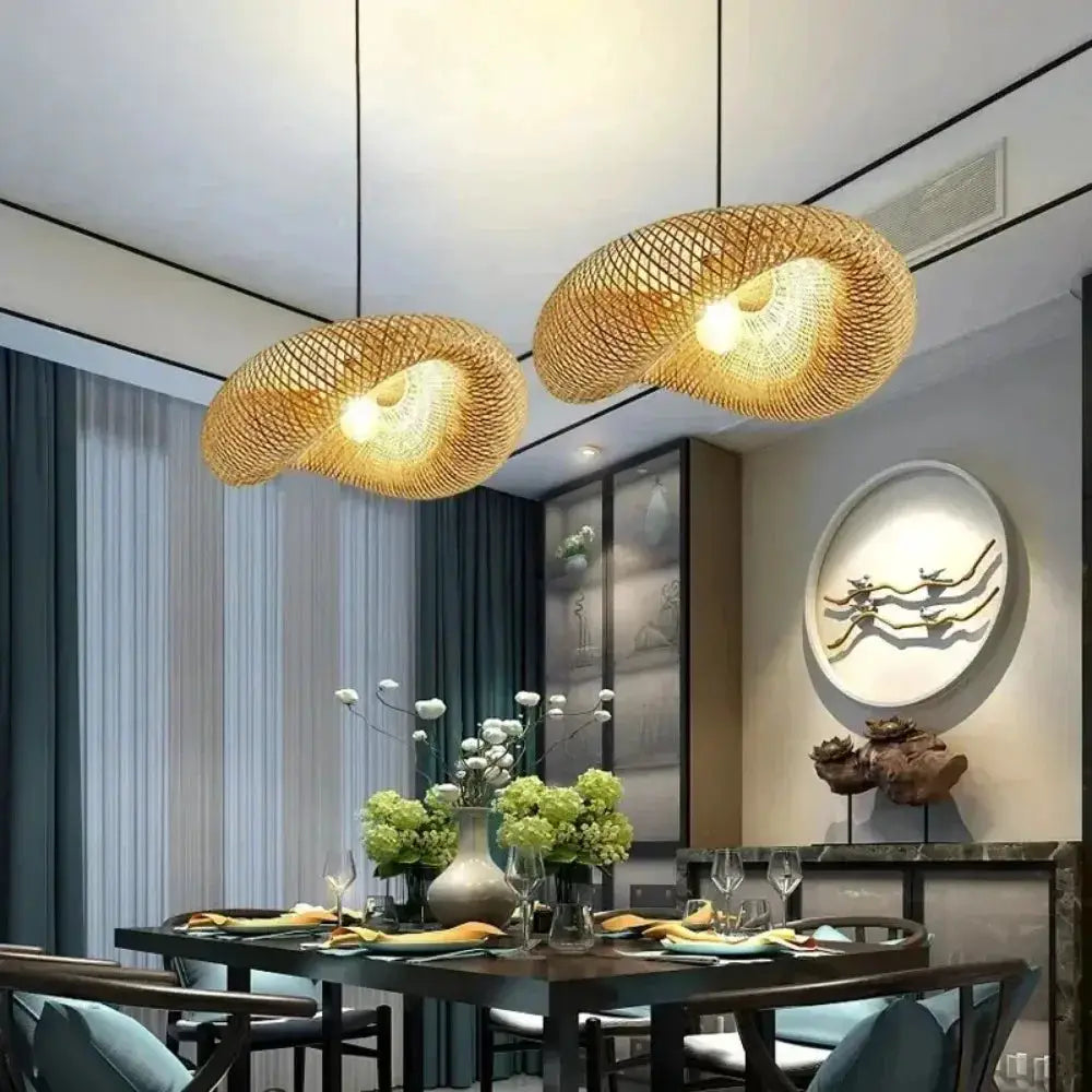 Simples Market pair of bamboo-weaving LED pendant lights, handmade vintage hanging chandeliers for dining, 40–80cm