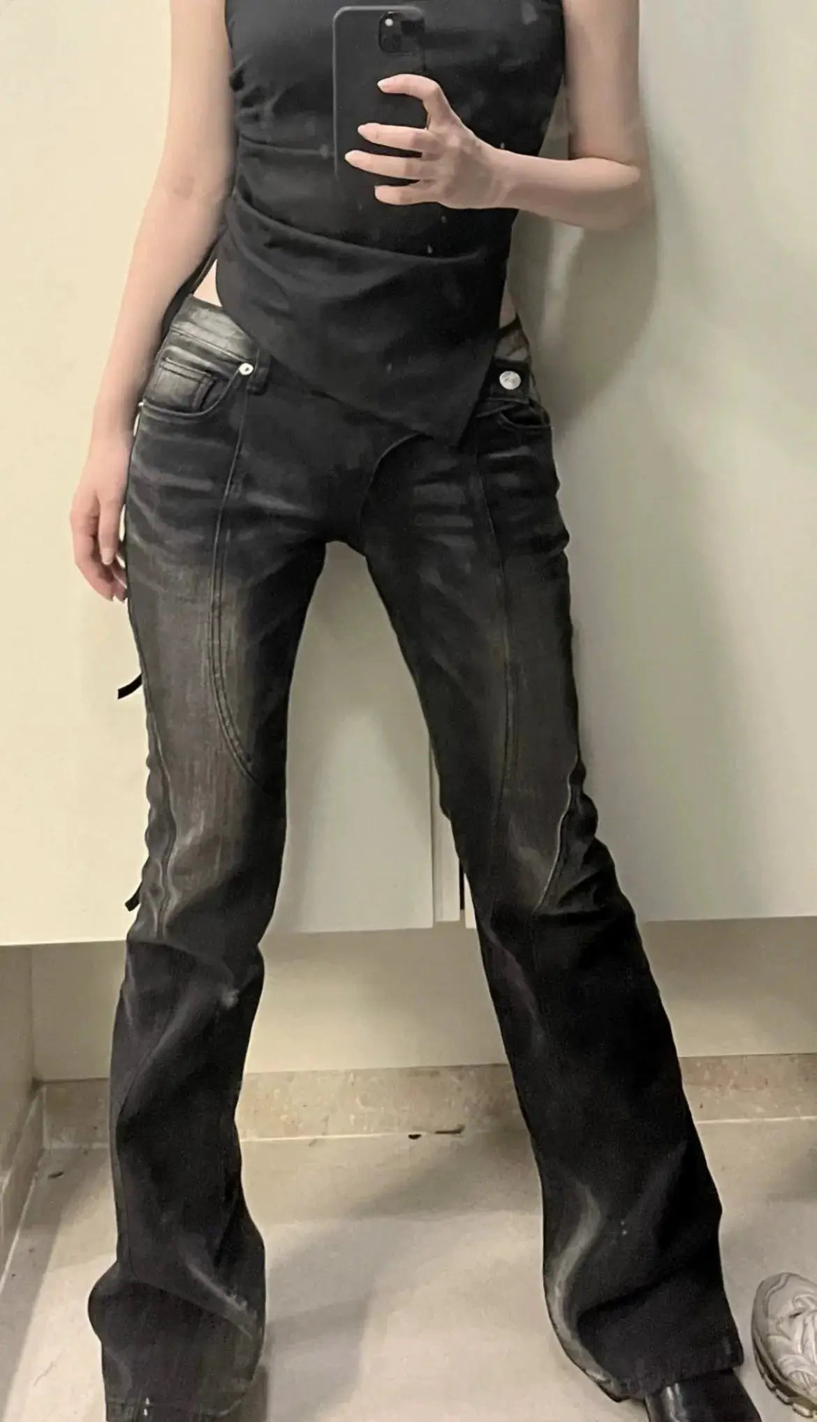 Vintage Distressed Asymmetrical Low Waist Jeans Grunge Flare Denim
