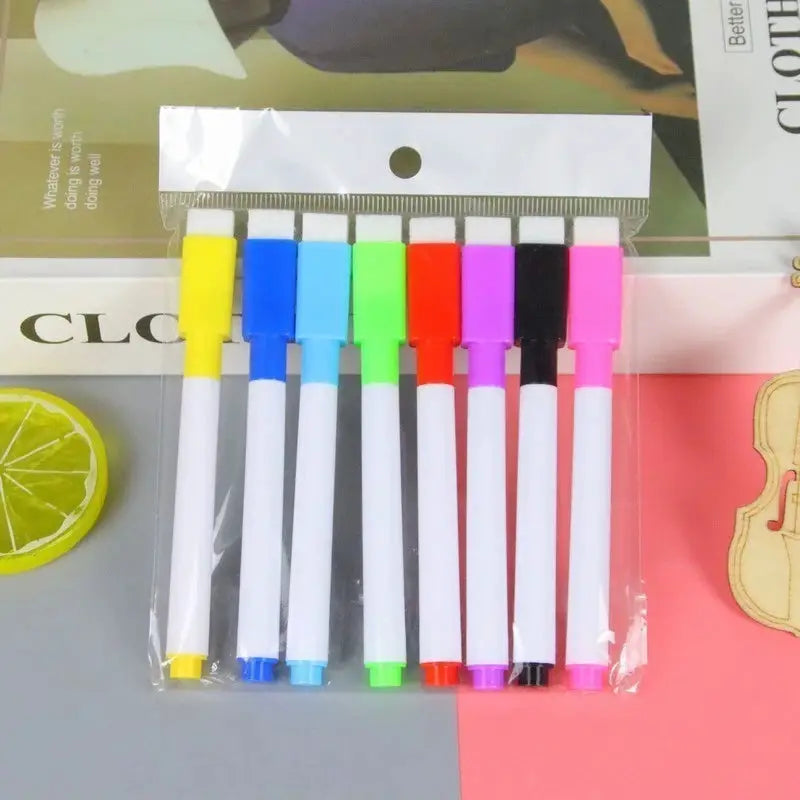 8pc magnetic colorful whiteboard markers with built-in erasers, assorted cap colors