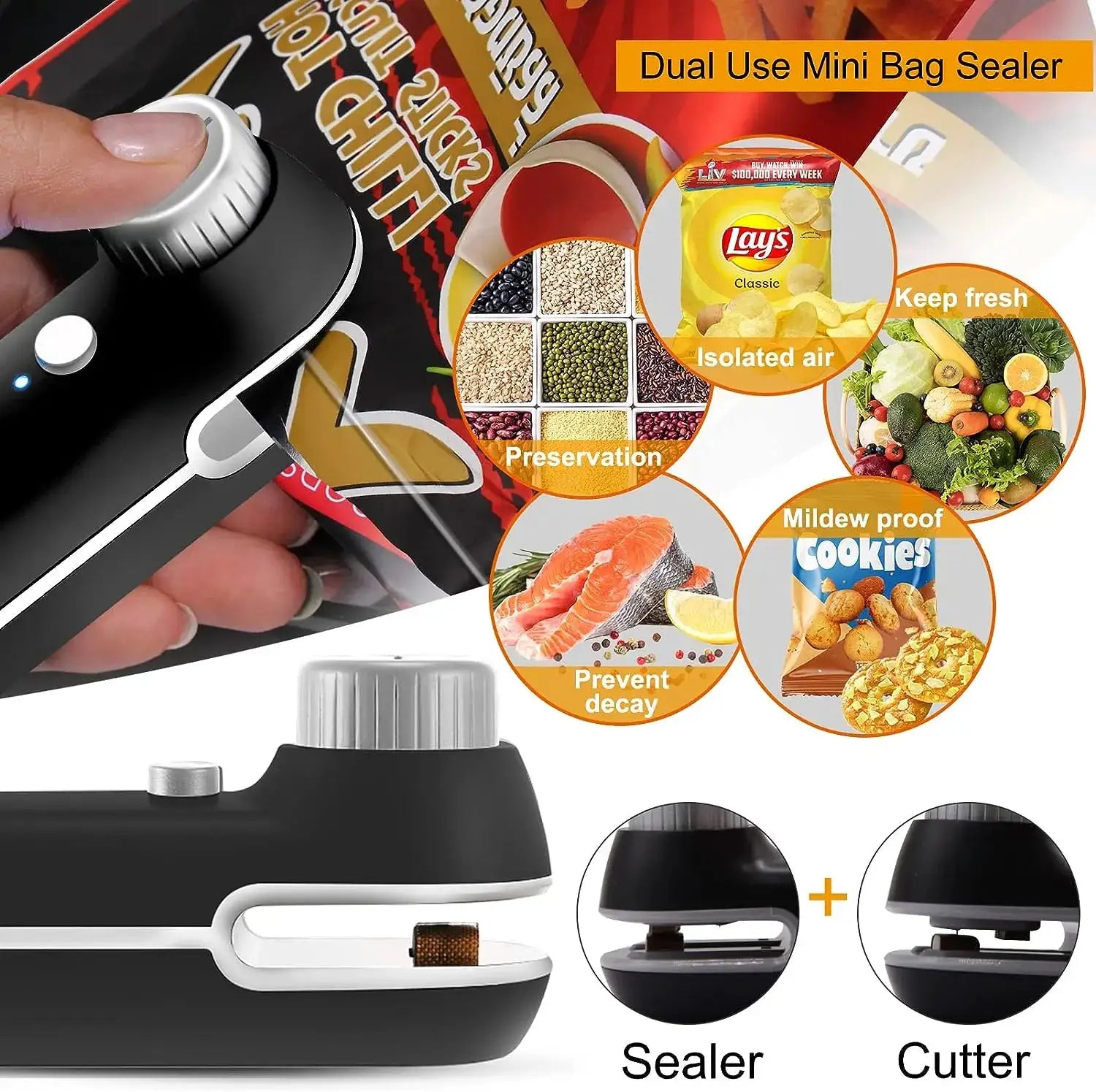 Rechargeable 2 In 1 Bag Mini Heat Sealer For Food Storage Plastic Bags USB Powered Clip Sealer