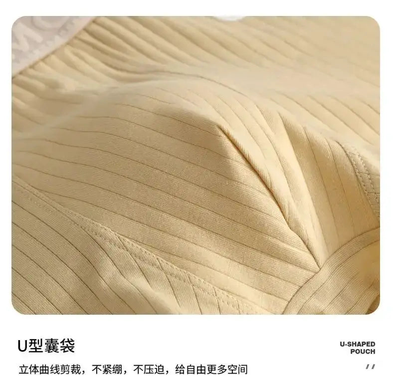 Men's striped beige boxer shorts with U-shaped pouch, close-up of soft knit fabric