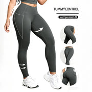 Women Leggings with Pockets in charcoal gray, high-waist butt-lifting compression tights