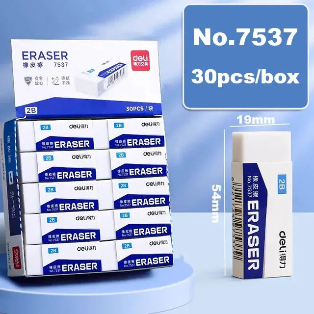 Deli 2B eraser pack, 30pcs/box, white and blue packaging, school/office erasers