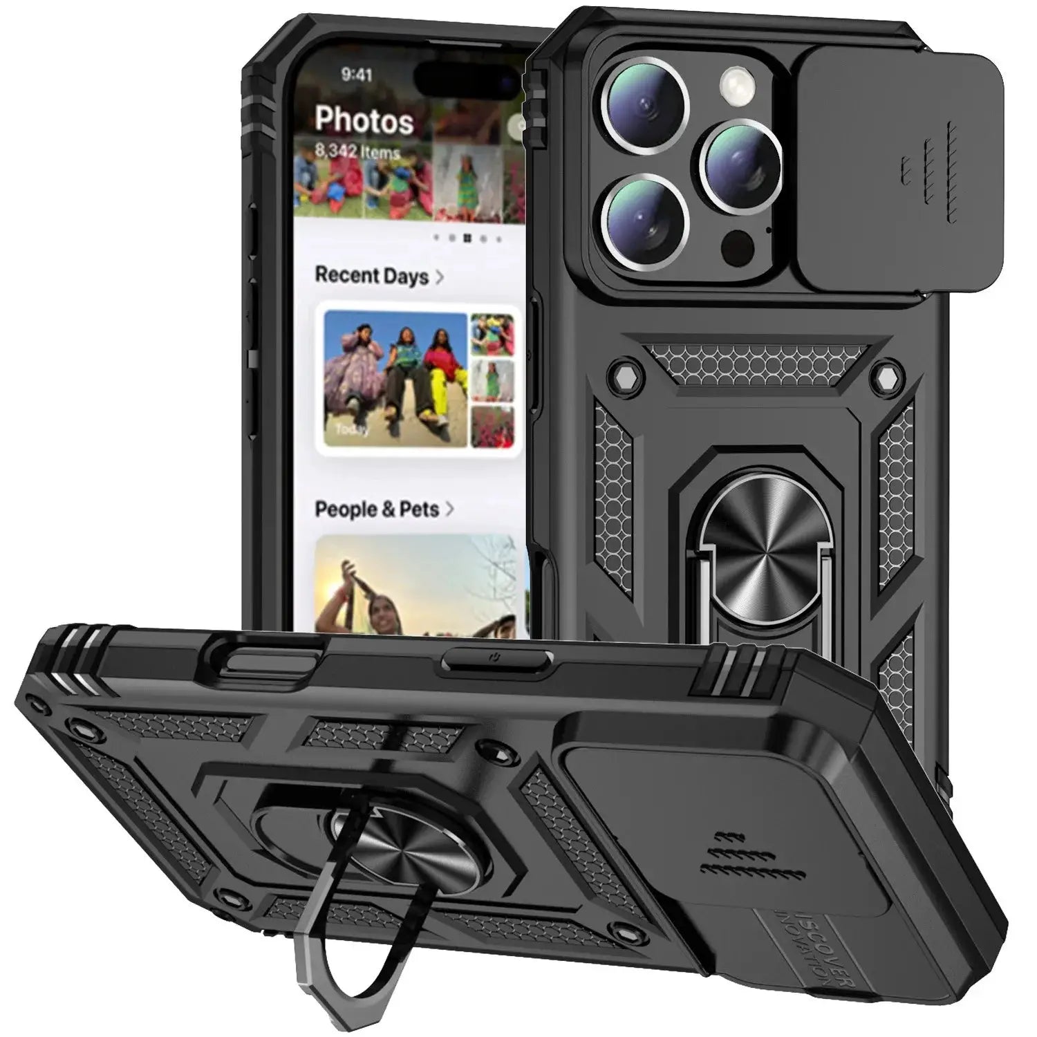 Simples Market Ring Stand rotating camera lens armor case for iPhone, black rugged military-grade