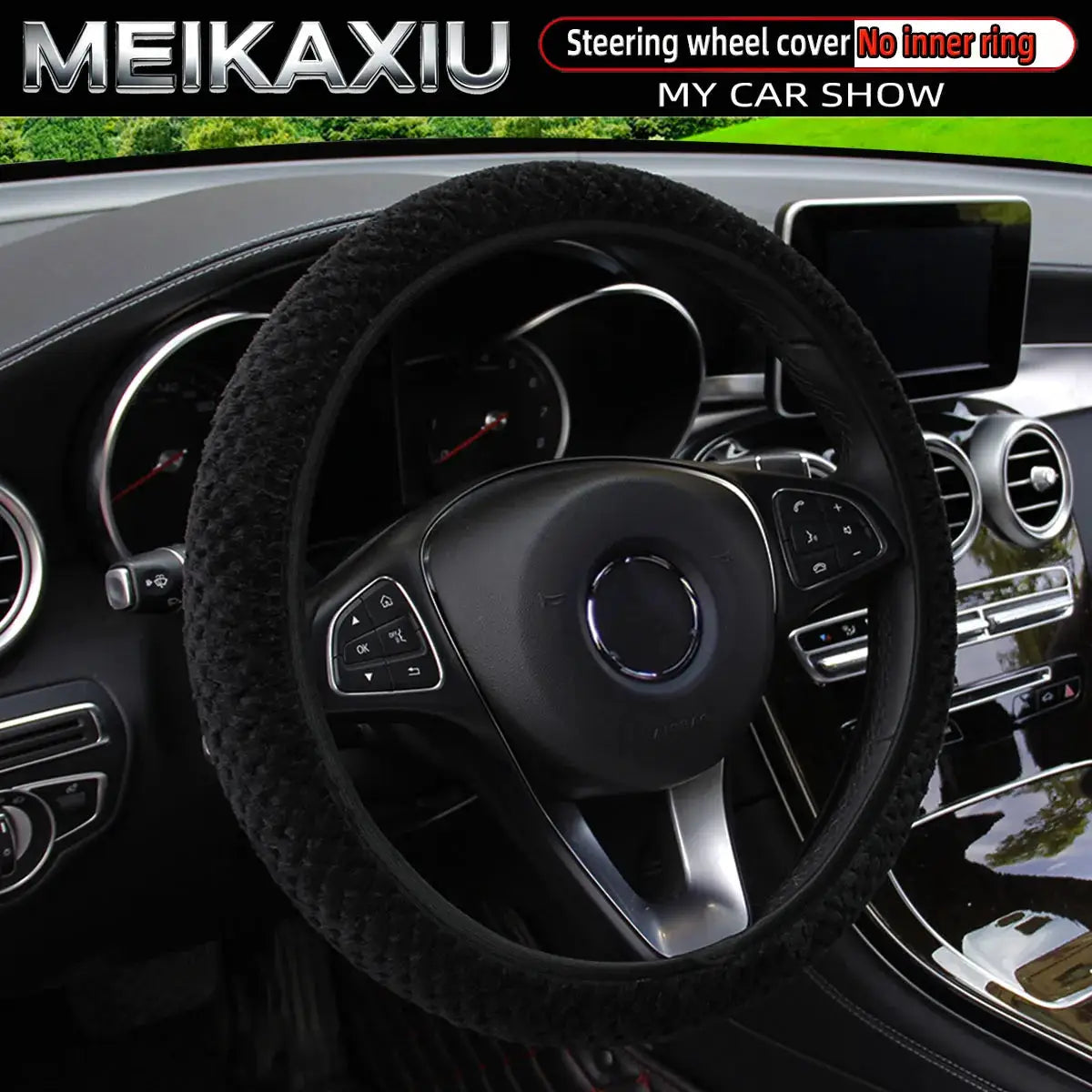 Women's winter plush steering wheel cover, black short fur with elastic fit