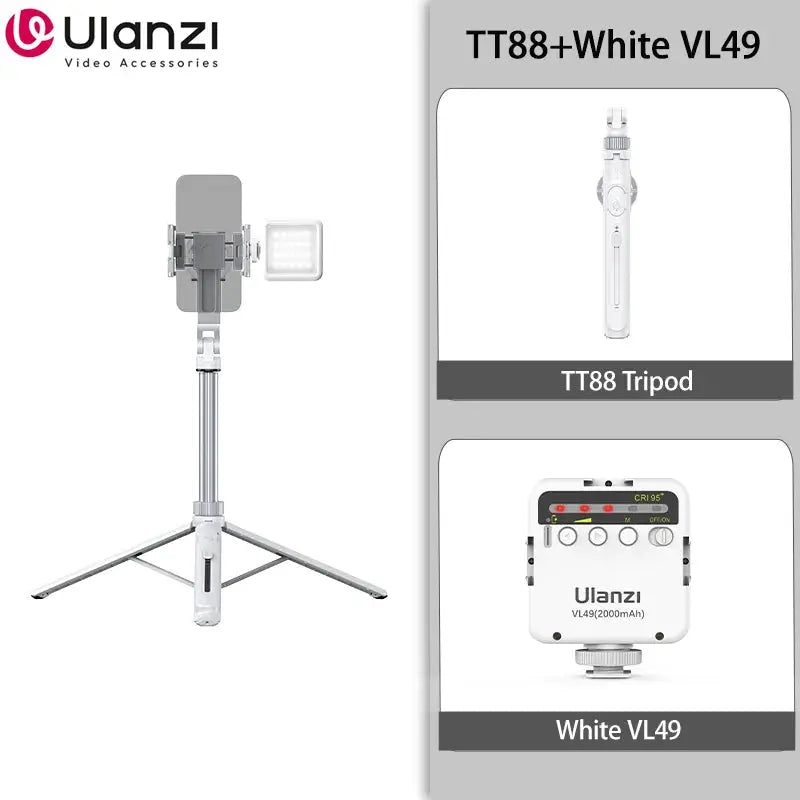 Ulanzi TT88 overhead selfie stick tripod with magnetic clamp and LED light panel, white VL49 power module