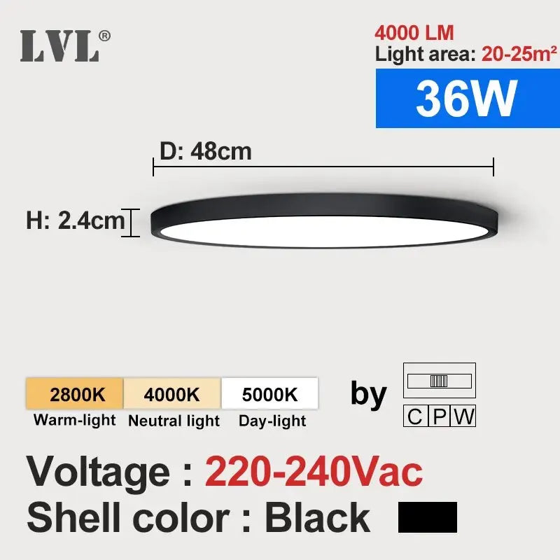 LVL LED round ceiling light, black shell with white diffuser; 48 cm diameter, 2.4 cm height; 36W, 220–240VAC