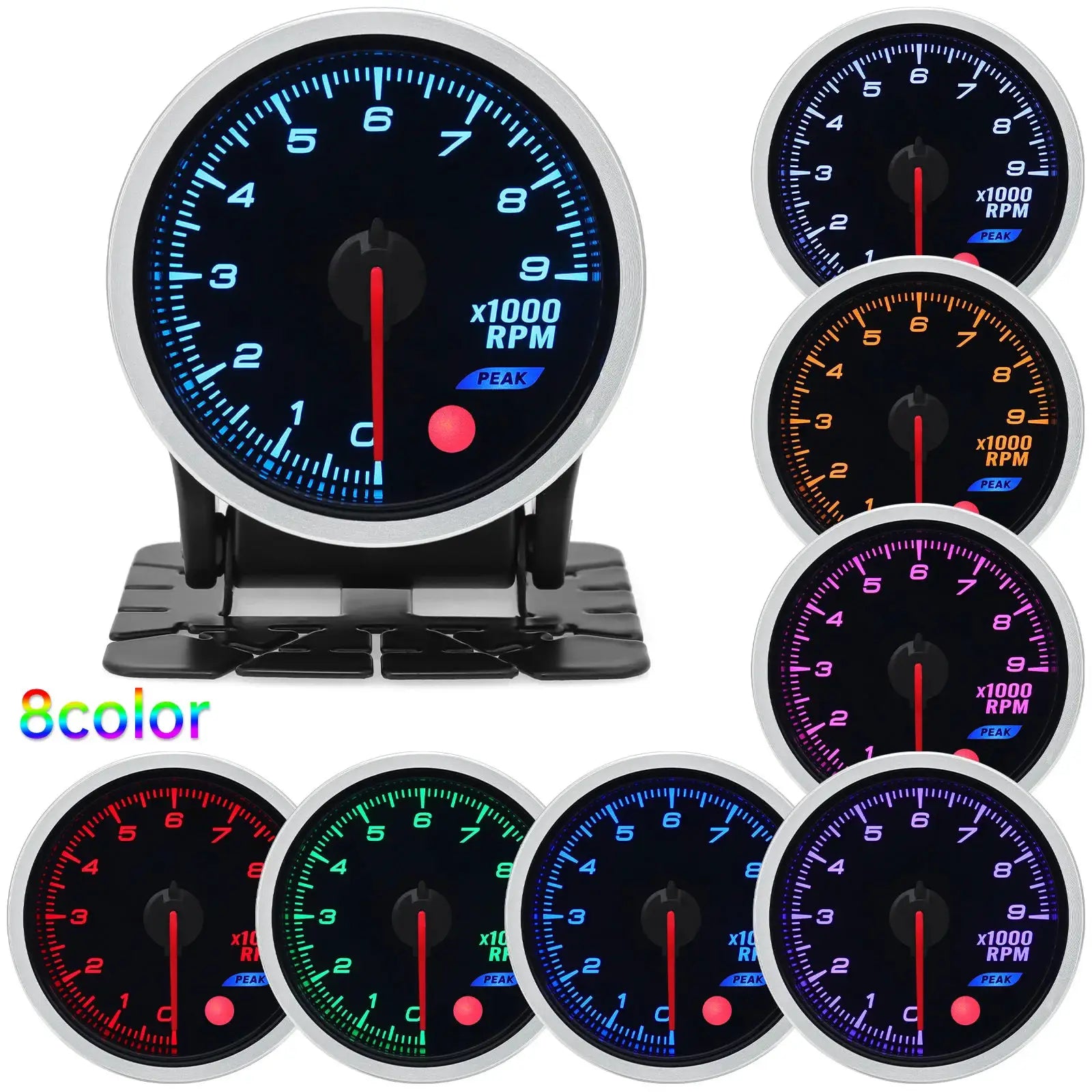 52mm universal racing tachometer gauge with eight-color LED dial options for car RPM readings