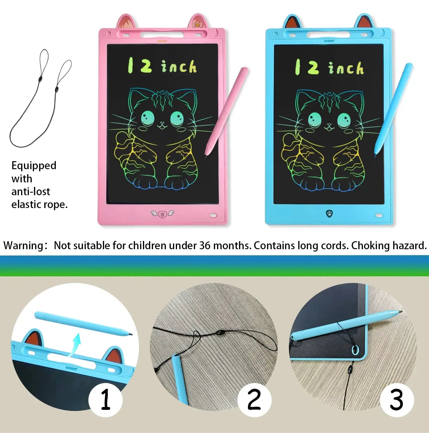 Two 12-inch LCD drawing boards for kids in pink and blue by Simples Market, with stylus and anti-lost strap.