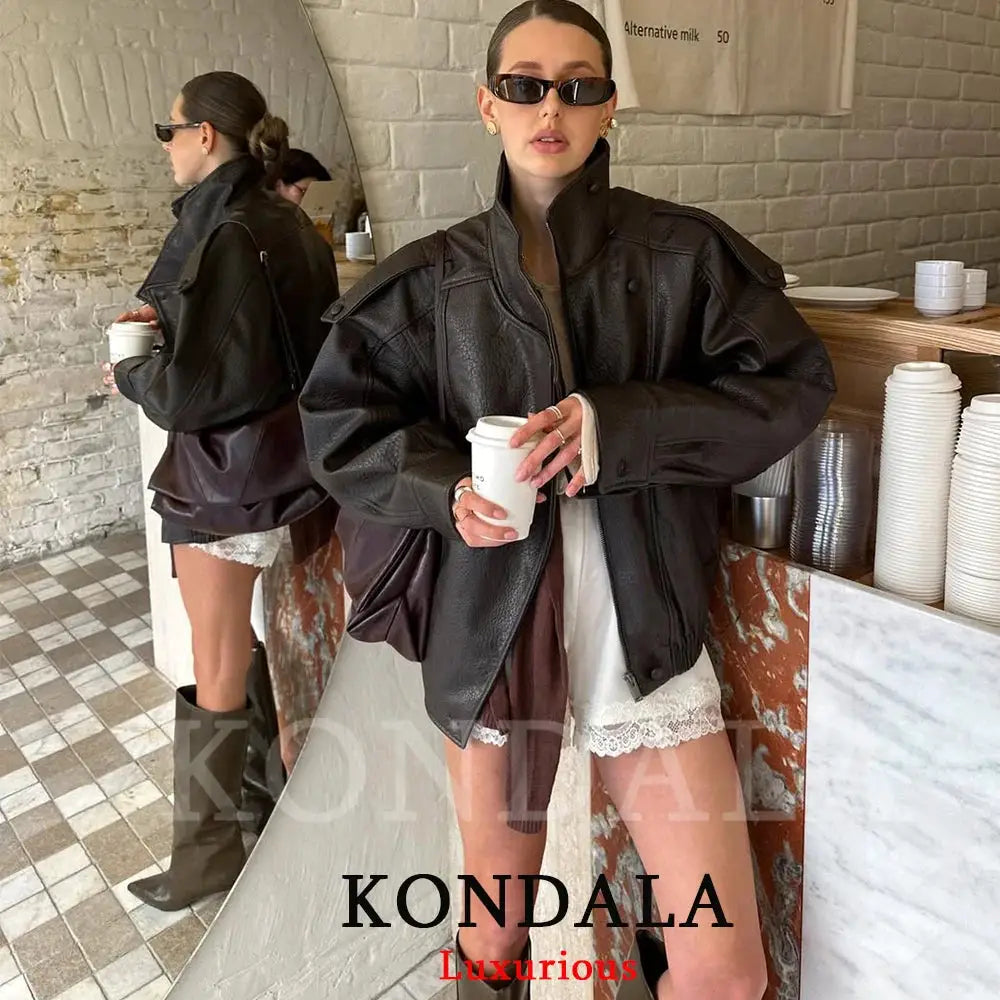 Kondala Womens Black Leather Jacket Casual Chic Oversized Elastic Fit With Button Details For Streetwear 2026