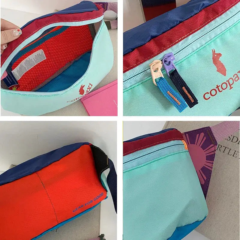 Waist bag by Cotopaxi, unisex turquoise with red top, large-capacity crossbody with dual zipper pulls