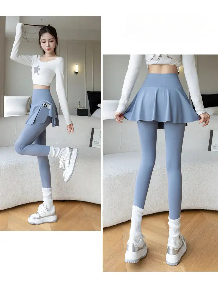Women fake two-piece blue leggings with pocket; seamless fitness yoga pants with attached skirt, Simples Market