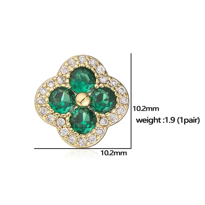 Earrings, HECHENG flower-shaped, 18K gold-plated with emerald-green CZ stones and clear halo crystals, Simples Market