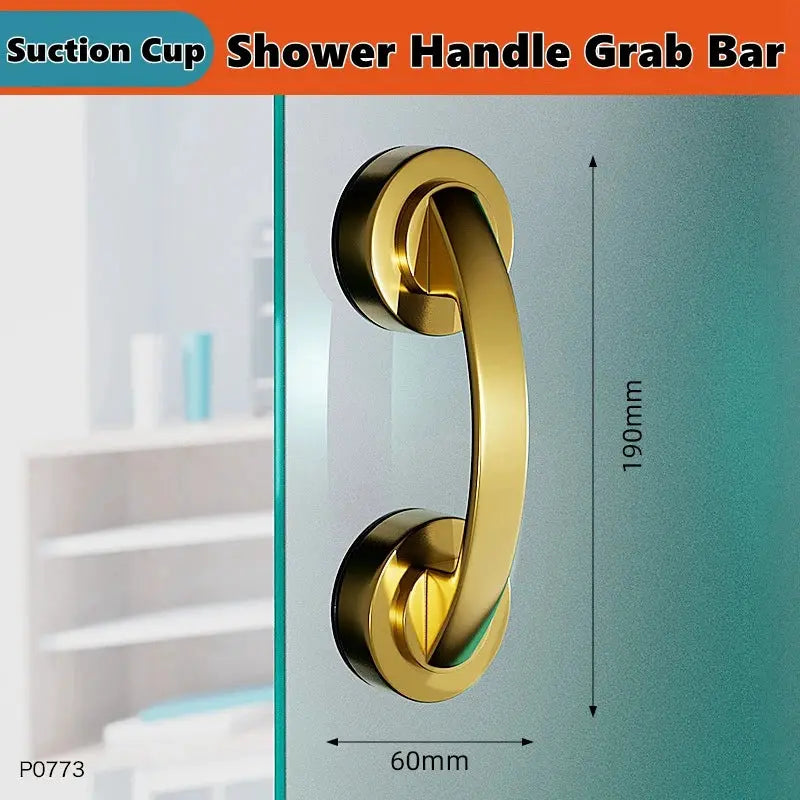 Shower handle grab bar with gold finish suction cups for bath and shower, 190mm tall by 60mm wide.