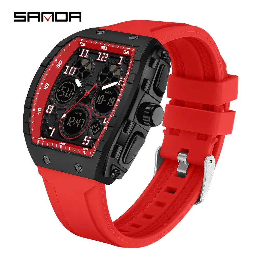 SANDA Tonneau Dial Digital Watch for Men Military Sport Dual Time Analog Digital LED Waterproof Wrist Clock