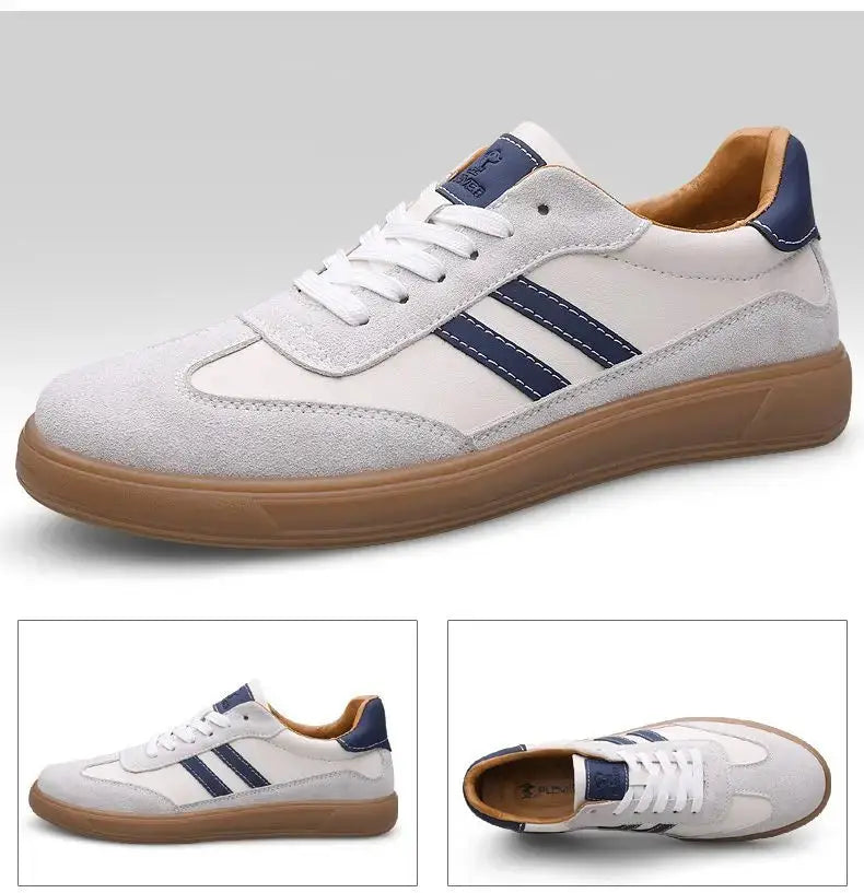 Men's Simples Market leather sneakers, white with navy stripes and brown gum sole