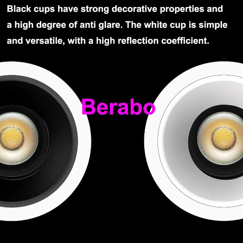 Two Berabo recessed LED downlights with white outer rings and black inner cups