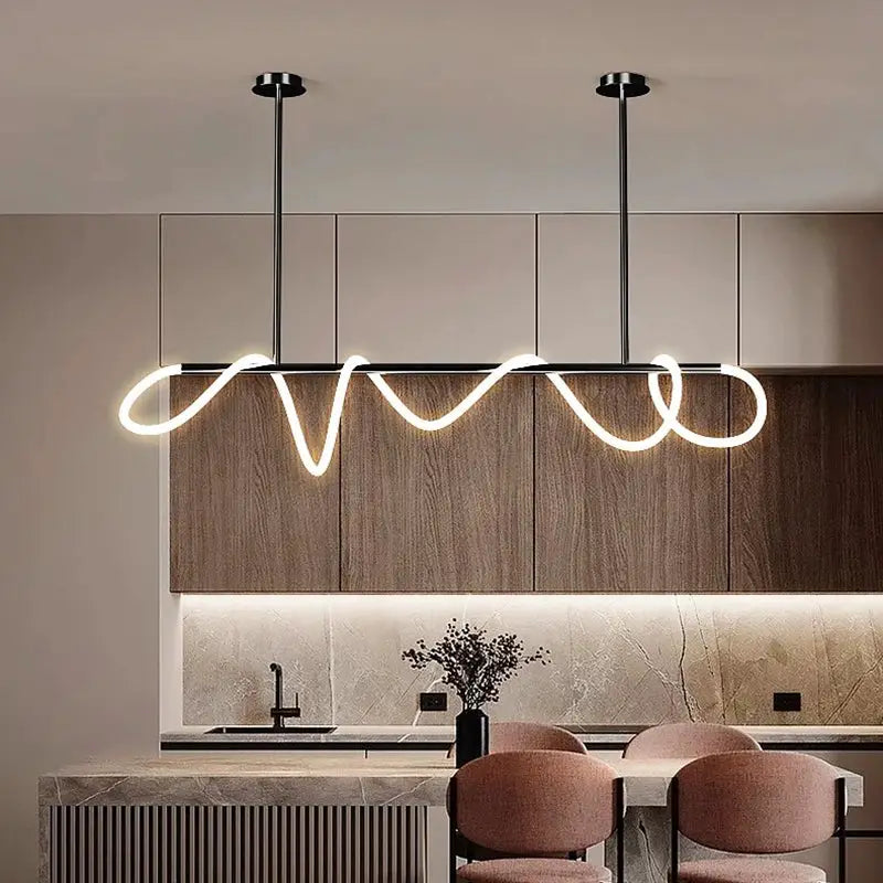 Nordic chandelier pendant light with a wavy LED neon glow over kitchen island, Simples Market